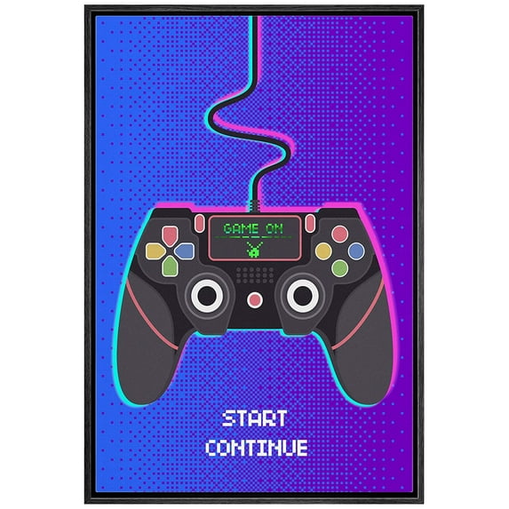 IDEA4WALL Framed Canvas Art Wall Decor Classic Video Game Handheld Controller in Neon Pink and Blue Pop Culture Media Digital Art Pop Art Comic for Dorm Home Office - 24"x36"