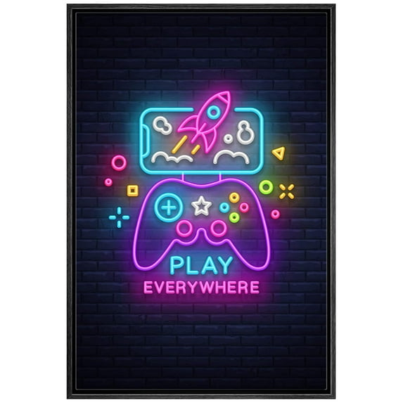 IDEA4WALL Framed Canvas Art Wall Decor Classic Video Game Handheld Controller Neon Sign Play Everywhere Pop Culture Media Digital Art Pop Art Comic for Dorm Home Office - 24"x36"