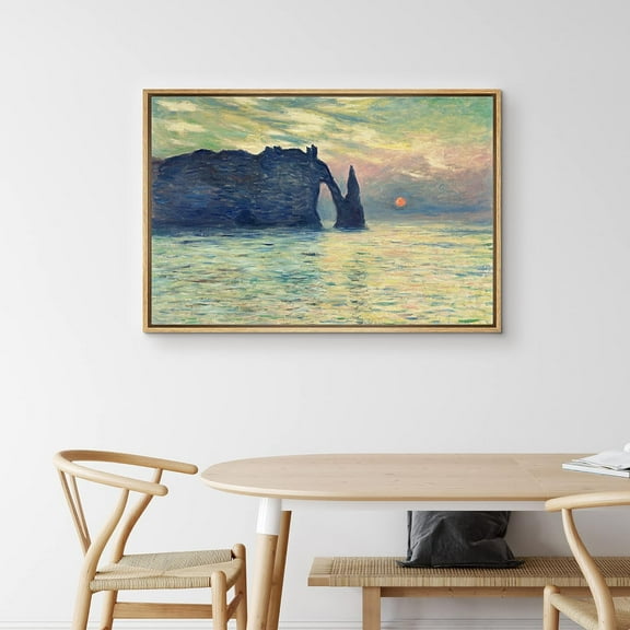 IDEA4WALL Framed Canvas Art Wall Decor Claude Monet's ?tretat, Sunset Decorative Historic Cultural Oil Painting Traditional Fine Art Abstract Scenic Colorful for Dorm Home Office - 16"x24" Natural