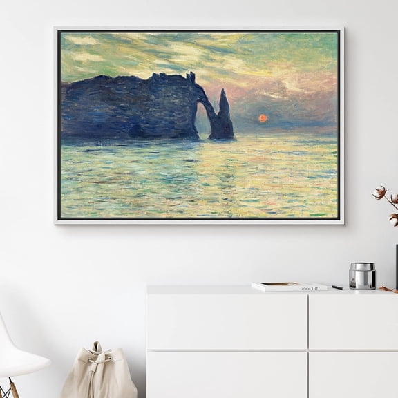 IDEA4WALL Framed Canvas Art Wall Decor Claude Monet's ?tretat, Sunset Decorative Historic Cultural Oil Painting Traditional Fine Art Abstract Scenic Colorful for Dorm Home Office - 24"x36" White