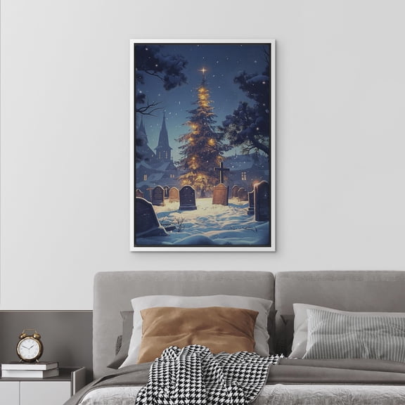 IDEA4WALL Framed Canvas Art Wall Decor Dark Cemetery Scene Magical Christmas Tree Illuminated in a Snowy Landscape Vintage Fantasy for Dorm Home Office - 16"x24" White