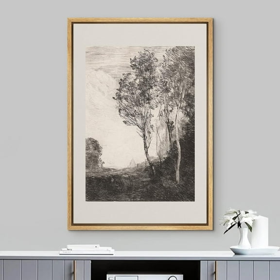 IDEA4WALL Framed Canvas Art Wall Decor, Dark Country Tree Field Forest Sketch Painting Black & White Nature Wilderness Fine Art Print Minimal Relax/Clam for Dorm Home Office - 16"x24" Natural