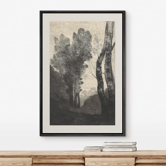 IDEA4WALL Framed Canvas Art Wall Decor, Dark Woods Forest Tree Clearing Sketch Painting Black & White Farmhouse/Country Fine Art Print Minimal Relax/Clam for Dorm Home Office - 16"x24" Black