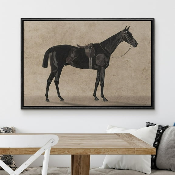 IDEA4WALL Framed Canvas Art Wall Decor Detailed Side Profile of a Black Horse with Saddle Painting Antique Horse Rustic Retro Print for Dorm Home Office - 24"x36" Black