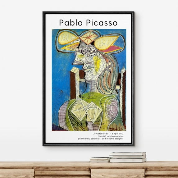 IDEA4WALL Framed Canvas Art Wall Decor Dora, Seated Woman by Pablo Picasso Historic Cultural Oil Painting Fine Art Abstract Contemporary Colorful for Dorm Home Office - 16"x24" Black