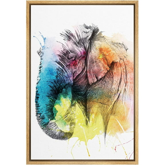 IDEA4WALL Framed Canvas Art Wall Decor Gray Elephant with Rainbow Color Animals Wildlife Watercolor Expressionism Contemporary Portrait Colorful for Dorm Home Office - 16"x24"