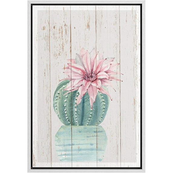 IDEA4WALL Framed Canvas Art Wall Decor Green Cactus with Pink Flower with Wood Panel Botanical Plants Illustrations Modern Art Decorative Elements for Dorm Home Office - 16"x24"