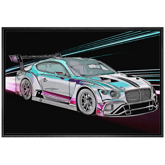 IDEA4WALL Framed Canvas Art Wall Decor Green Sporty Bentley Continental GT3 with Neon Teal Lights Transportation Cars Illustrations Pop Art Modern 3D for Dorm Home Office - 24"x36"