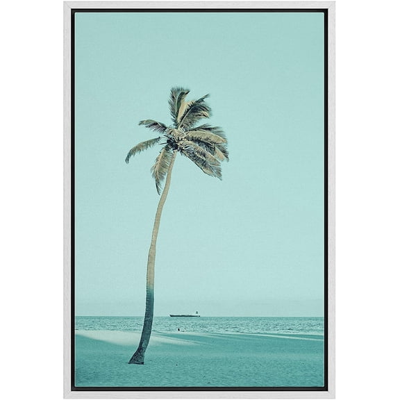 IDEA4WALL Framed Canvas Art Wall Decor Green Wash Out Coconut Palm Tree on the Beach - 16"x24"