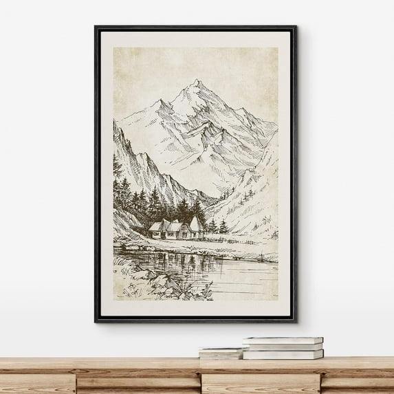 IDEA4WALL Framed Canvas Art Wall Decor, House and Lake Under Mountain Sketch Painting Black & White Farmhouse/Country Fine Art Print Minimal Relax/Clam for Dorm Home Office - 16"x24" Black