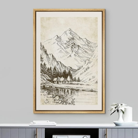 IDEA4WALL Framed Canvas Art Wall Decor, House and Lake Under Mountain Sketch Painting Black & White Farmhouse/Country Fine Art Print Minimal Relax/Clam for Dorm Home Office - 16"x24" Natural