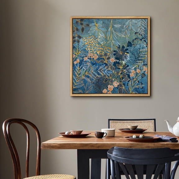 IDEA4WALL Framed Canvas Art Wall Decor, Lush Flora Intricate Blue Flower Leaf Pattern Illustrations Nature Botanical Fine Art Print Scenic Panoramic Earth for Dorm Home Office - 24"x24" Natural