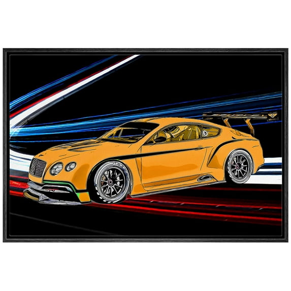 IDEA4WALL Framed Canvas Art Wall Decor Orange Sporty Bentley Continental GT3 with Neon Blue Light Transportation Cars Illustrations Pop Art Modern 3D for Dorm Home Office - 24"x36"