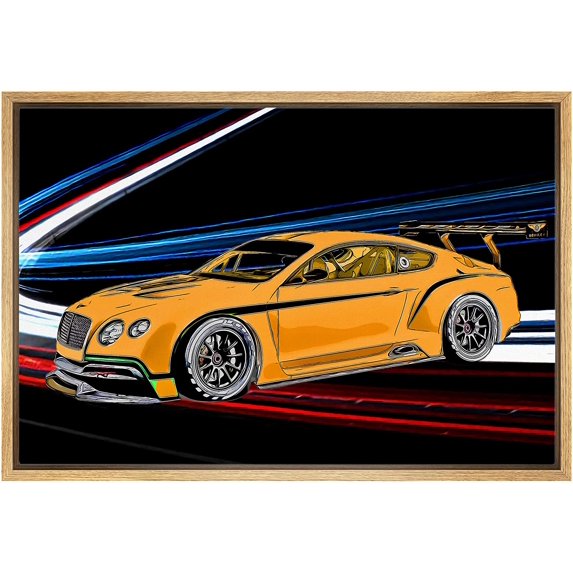 IDEA4WALL Framed Canvas Art Wall Decor Orange Sporty Bentley Continental GT3 with Neon Blue Light Transportation Cars Illustrations Pop Art Modern 3D for Dorm Home Office - 24"x36"