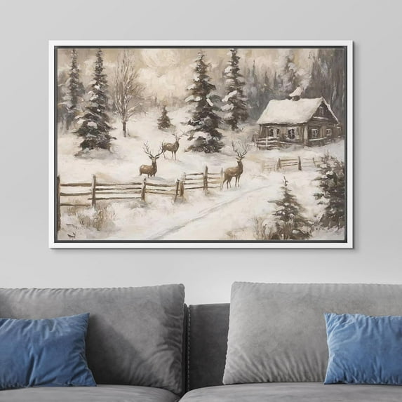 IDEA4WALL Framed Canvas Art Wall Decor Painting Cozy Cabin and Deer in Winter Forest Rustic Snowy Landscape Fine Art Vintage Retro Chic for Dorm Home Office - 16"x24" White