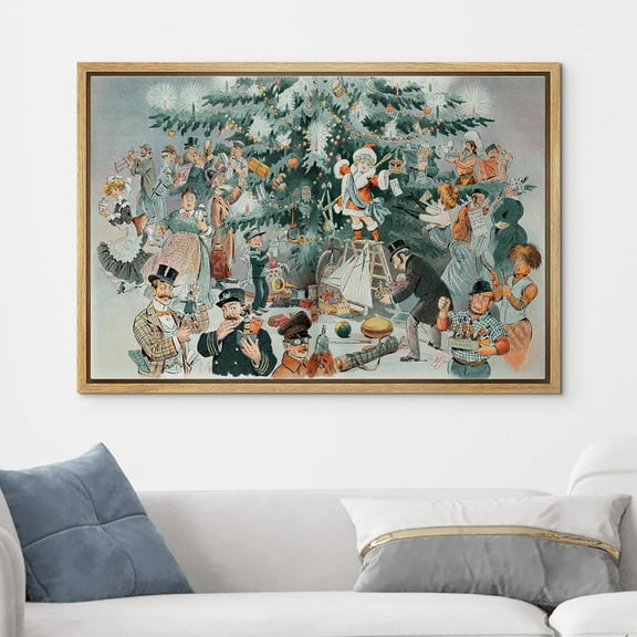 IDEA4WALL Framed Canvas Art Wall Decor Painting Festive Christmas Tree Celebration Vintage Holiday Scene with Santa Fine Art Vintage Retro Chic for Dorm Home Office - 16"x24" Natural