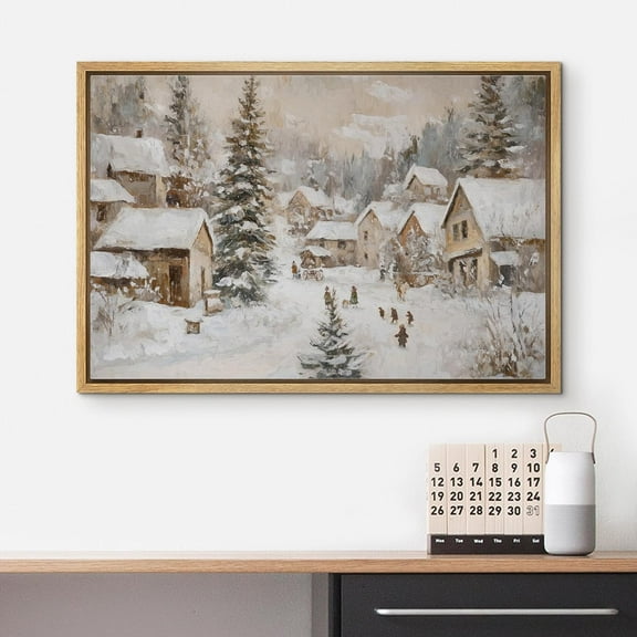 IDEA4WALL Framed Canvas Art Wall Decor Painting Rustic Winter Village Scene Snow-Covered Cottages and Pine Trees Fine Art Vintage Retro Chic for Dorm Home Office - 16"x24" Natural