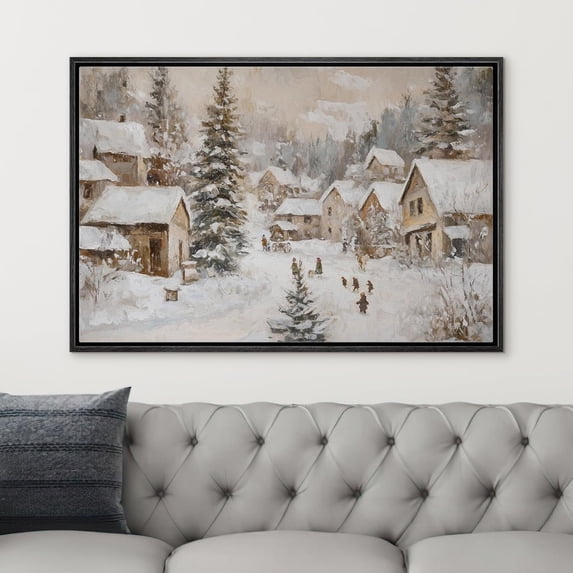 IDEA4WALL Framed Canvas Art Wall Decor Painting Rustic Winter Village Scene Snow-Covered Cottages and Pine Trees Fine Art Vintage Retro Chic for Dorm Home Office - 24"x36" Black