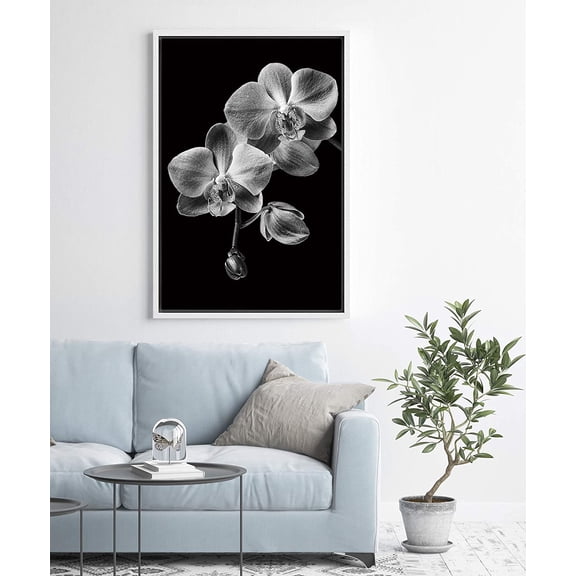 IDEA4WALL Framed Canvas Art Wall Decor Phalaenopsis Orchid Floral Flower Photography Minimalism Modern Closeup Dramatic Black and White for Dorm Home Office - 16"x24"
