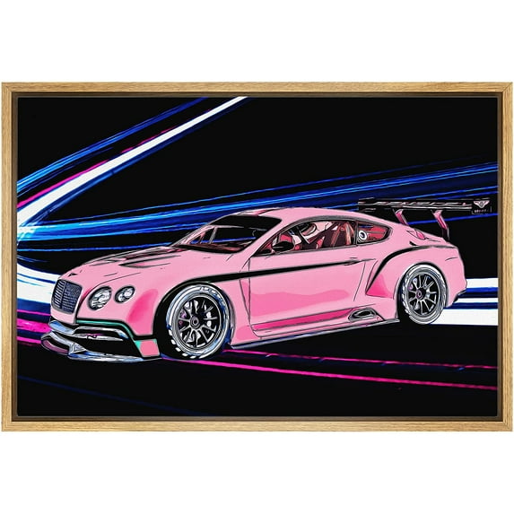 IDEA4WALL Framed Canvas Art Wall Decor Pink Sporty Bentley Continental GT3 with Neon Blue Lights Transportation Cars Illustrations Pop Art Modern 3D for Dorm Home Office - 16"x24"