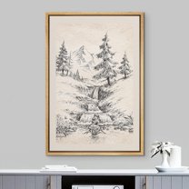 IDEA4WALL Framed Canvas Art Wall Decor, River Rapid & Pine Tree Forest Sketch Painting Black & White Farmhouse/Country Fine Art Print Minimal Relax/Clam for Dorm Home Office - 16"x24" Natural