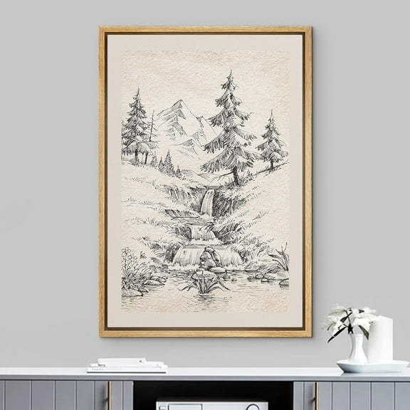 IDEA4WALL Framed Canvas Art Wall Decor, River Rapid & Pine Tree Forest Sketch Painting Black & White Farmhouse/Country Fine Art Print Minimal Relax/Clam for Dorm Home Office - 16"x24" Natural
