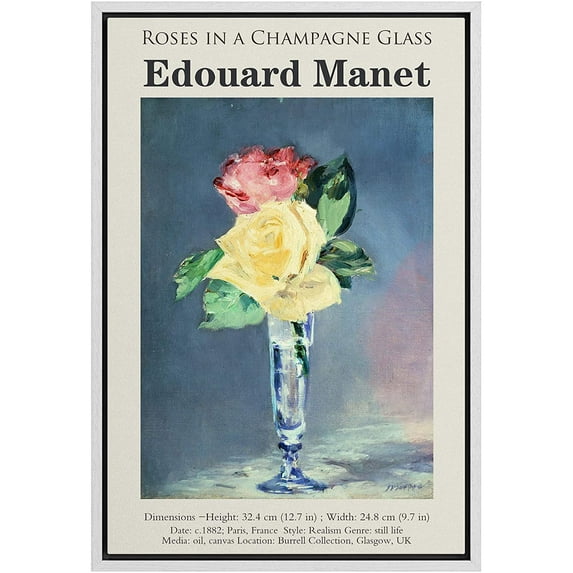 IDEA4WALL Framed Canvas Art Wall Decor Roses in a Champagne Glass Master Aritst è„¡douard Manet Oil Painting Impressionism Traditional Scenic for Dorm Home Office - 24"x36"