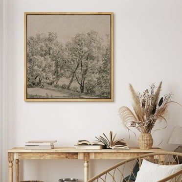 IDEA4WALL Framed Canvas Art Wall Decor, Rustic Forest Sketch - Vintage Drawing Illustrations Botanical Fine Art Print Scenic Panoramic Earth for Dorm Home Office - 16"x16" Natural