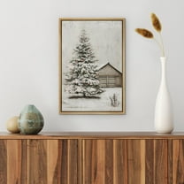 IDEA4WALL Framed Canvas Art Wall Decor Snow-Covered Christmas Tree with Red Ornaments Celebration & Holidays Decorative Chic Warm for Dorm Home Office - 16"x24" Natural