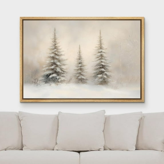 IDEA4WALL Framed Canvas Art Wall Decor Snow-Covered Pine Trees Tranquil Winter Forest Scene Antique Retro Illustrations Black and White Print for Dorm Home Office - 24"x36" Natural