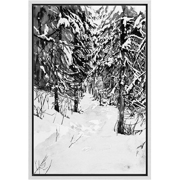 IDEA4WALL Framed Canvas Art Wall Decor Snow Pine Trees in Winter Nature Forest Watercolor Minimalism Modern Scenic Dramatic Black and White for Dorm Home Office - 16"x24"
