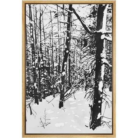 IDEA4WALL Framed Canvas Art Wall Decor Snow Pine Trees in Winter Time Nature Forest Watercolor Minimalism Modern Scenic Dramatic Black and White for Dorm Home Office - 24"x36"