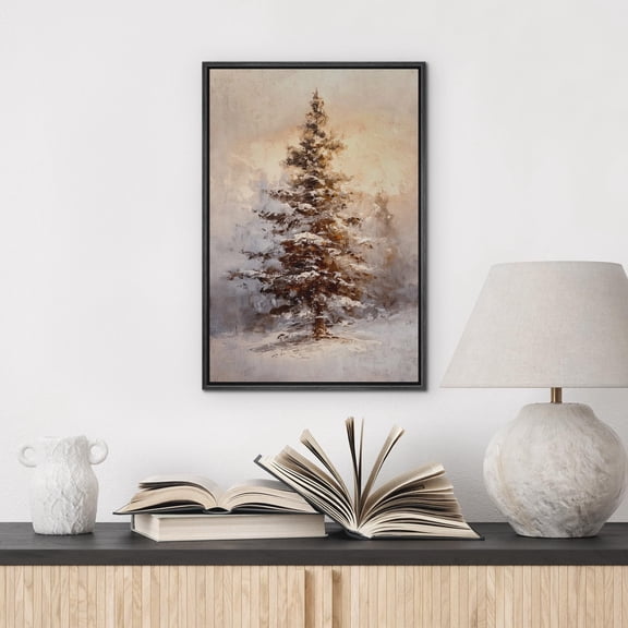 IDEA4WALL Framed Canvas Art Wall Decor Snowy Pine Tree Serene Christmas Tree in a Rustic Winter Landscape Decorative Illustration Funny Retro Chic for Dorm Home Office - 24"x36" Black