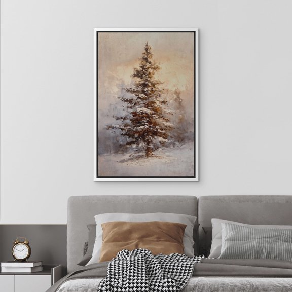 IDEA4WALL Framed Canvas Art Wall Decor Snowy Pine Tree Serene Christmas Tree in a Rustic Winter Landscape Decorative Illustration Funny Retro Chic for Dorm Home Office - 24"x36" White
