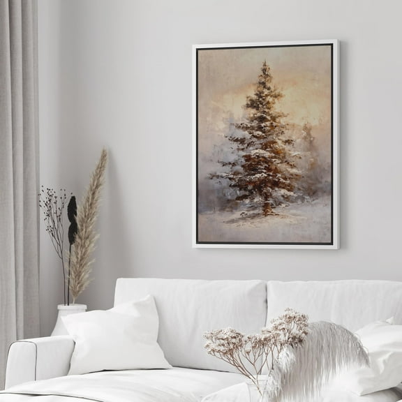 IDEA4WALL Framed Canvas Art Wall Decor Snowy Pine Tree Serene Christmas Tree in a Rustic Winter Landscape Decorative Illustration Funny Retro Chic for Dorm Home Office - 16"x24" White