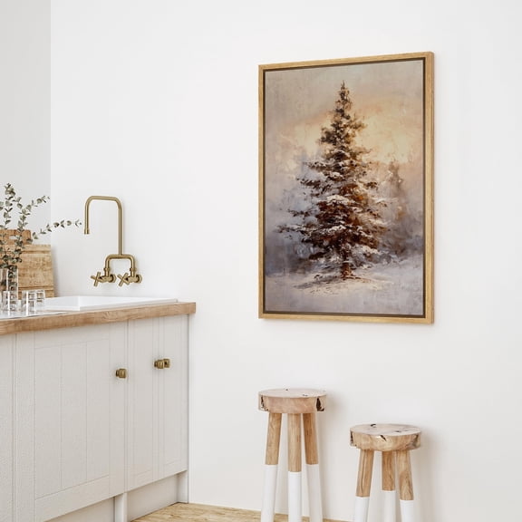 IDEA4WALL Framed Canvas Art Wall Decor Snowy Pine Tree Serene Christmas Tree in a Rustic Winter Landscape Decorative Illustration Funny Retro Chic for Dorm Home Office - 24"x36" Natural