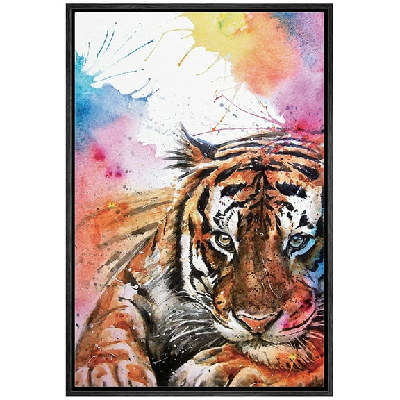 IDEA4WALL Framed Canvas Art Wall Decor Spotted Yellow Tiger with Rinbow Color Animals Wildlife Watercolor Expressionism Contemporary Portrait Colorful for Dorm Home Office - 16"x24"