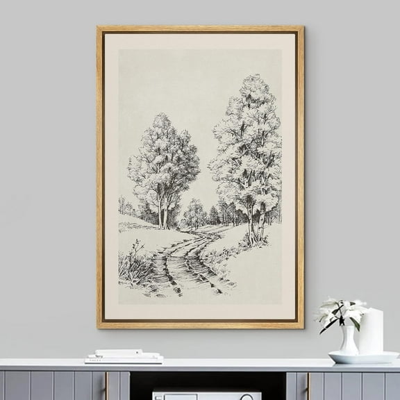 IDEA4WALL Framed Canvas Art Wall Decor, Trail Through Spring Forest Sketch Painting Black & White Farmhouse/Country Fine Art Print Minimal Relax/Clam for Dorm Home Office - 16"x24" Natural