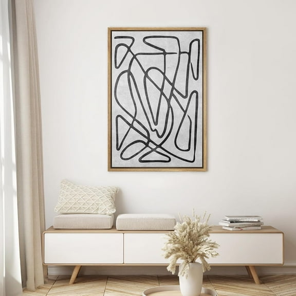 IDEA4WALL Framed Canvas Art Wall Decor Twisting Lines & Abstract Shapes Painting Minimalist Grey Black and White Paint Walls Retro Digital Art for Home, Office, Pub, Bar - 16"x24" Natural