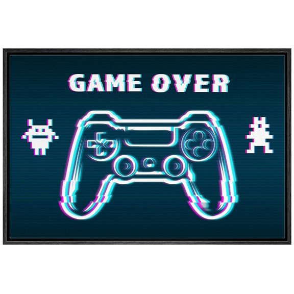 IDEA4WALL Framed Canvas Art Wall Decor Video Arcade Playstation Console and Game Over Pop Culture Media Illustrations Pop Art Modern Colorful for Dorm Home Office - 16"x24"