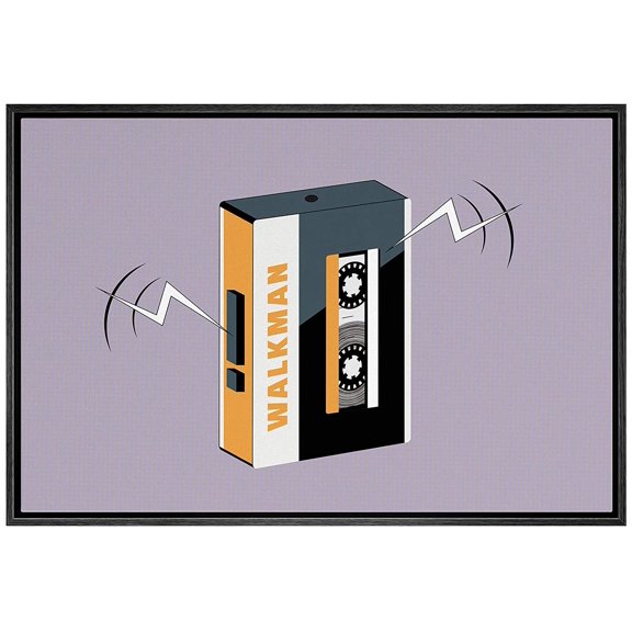 IDEA4WALL Framed Canvas Art Wall Decor Vintage Black and Orange Cassette Walkman Player in Purple Background Music Media Illustrations Pop Art Modern for Dorm Home Office - 16"x24"
