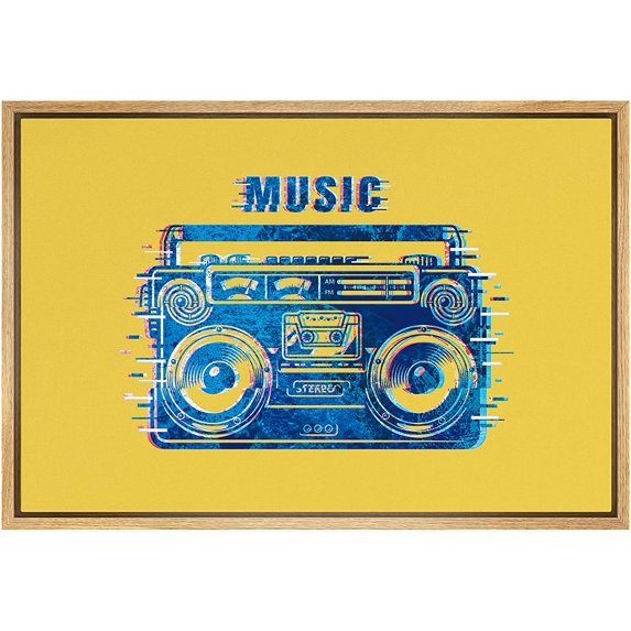 IDEA4WALL Framed Canvas Art Wall Decor Vintage Blue Boombox Cassette Player in Yellow Background Music Media Illustrations Pop Art Modern Colorful for Dorm Home Office - 24"x36"