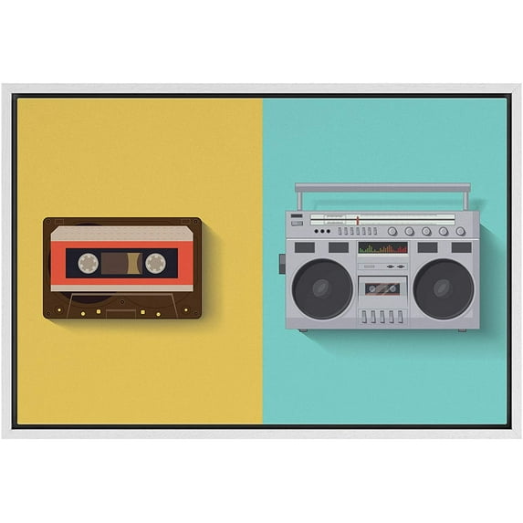 IDEA4WALL Framed Canvas Art Wall Decor Vintage Boombox and Cassette Tape Player in Yellow and Teal Background Music Media Illustrations Pop Art Modern for Dorm Home Office - 16"x24"