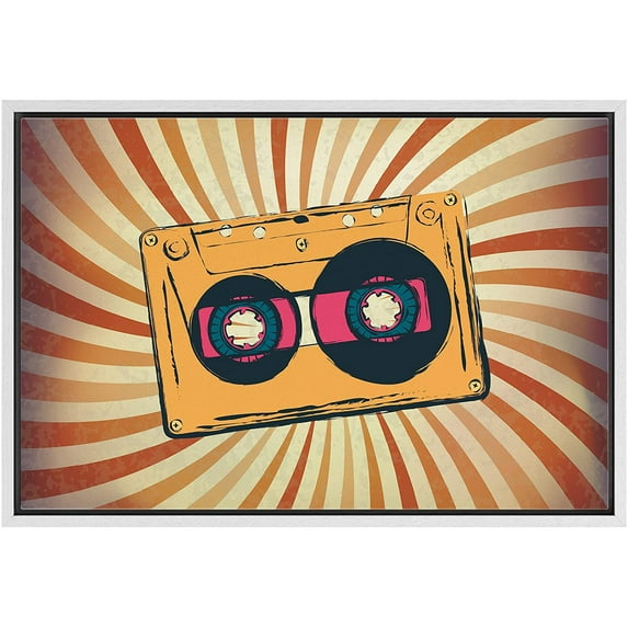 IDEA4WALL Framed Canvas Art Wall Decor Vintage Orange Cassette Tape in Red and Yellow Stripe Background Music Media Illustrations Pop Art Modern for Dorm Home Office - 16"x24"