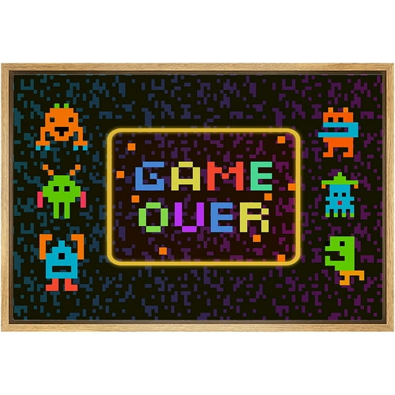 IDEA4WALL Framed Canvas Art Wall Decor Vintage Video Arcade Icons and Game Over Pop Culture Media Illustrations Pop Art Modern Colorful for Dorm Home Office - 24"x36"