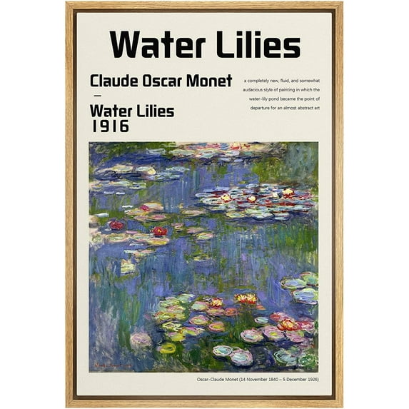 IDEA4WALL Framed Canvas Art Wall Decor Water Lilies Master Aritst Claude Monet Oil Painting Impressionism Contemporary for Dorm Home Office - 24"x36"