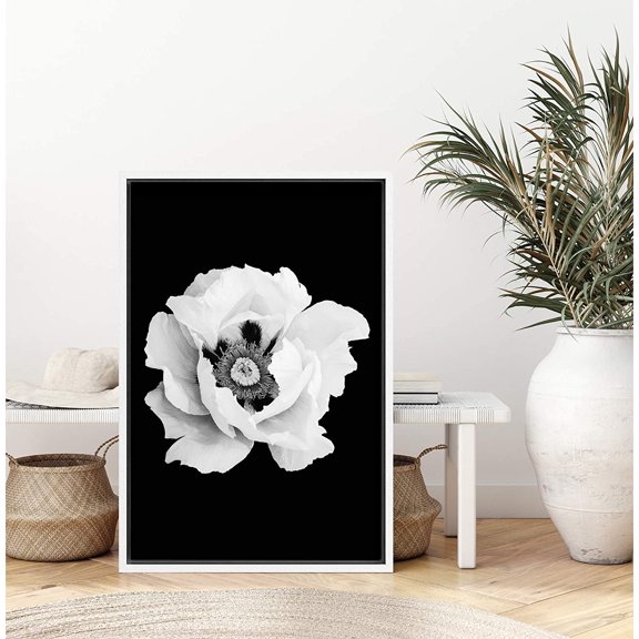 IDEA4WALL Framed Canvas Art Wall Decor White Peony Floral Flower Photography Minimalism Modern Closeup Dramatic Black and White for Dorm Home Office - 16"x24"