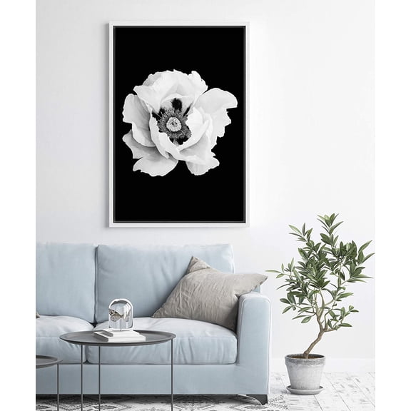 IDEA4WALL Framed Canvas Art Wall Decor White Peony Floral Flower Photography Minimalism Modern Closeup Dramatic Black and White for Dorm Home Office - 24"x36"