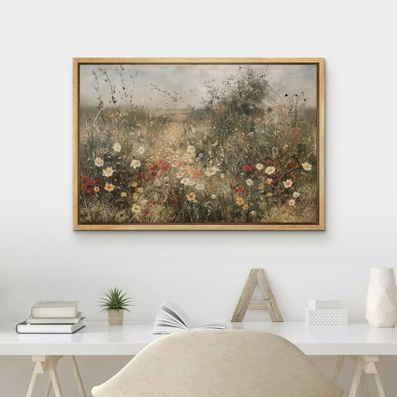IDEA4WALL Framed Canvas Art Wall Decor Wildflower Meadow in Bloom Nature Wilderness Floral illustration Colorful Panoramic Chic Warm for Dorm Home Office - 24"x36" Natural