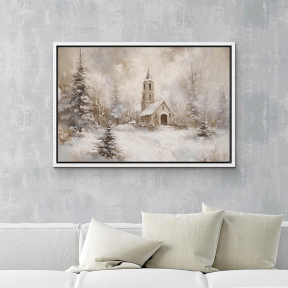 IDEA4WALL Framed Canvas Art Wall Decor Winter Church Scene Rustic Snowy Landscape Pastel Painting Realism Expressive Dark Black and White Print for Dorm Home Office - 16"x24" White